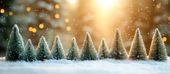 Poster - Holiday Scene with Green Bottle Brush Christmas Trees Dusting of Snow Bokeh Background Festive Atmosphere Copy Space for Seasonal Designs
