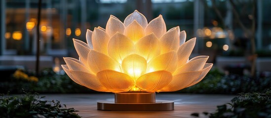 Fototapete - Lotus flower shaped light fixture illuminating a modern airport interior with a warm glow and brown background elements.