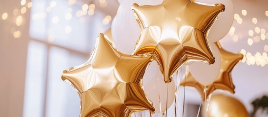 Aufkleber - Gold star-shaped balloons creating a festive interior decoration atmosphere for celebrations and special occasions.