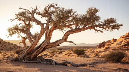 Poster - Juniper tree branches in a desert landscape under daylight with a serene natural backdrop showcasing unique arid flora.