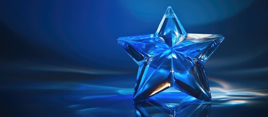 Aufkleber - Blue glass star ornament glowing with LED light in a serene festive ambiance ideal for holiday decorations and winter celebrations.
