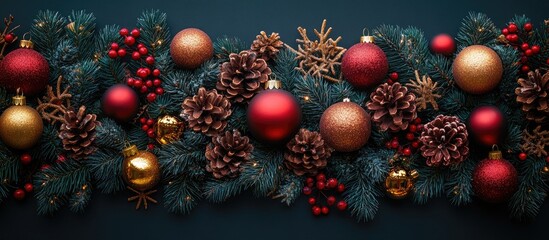 Aufkleber - Festive Christmas Background with Ornaments Pine Cones and Holly for Holiday Decor