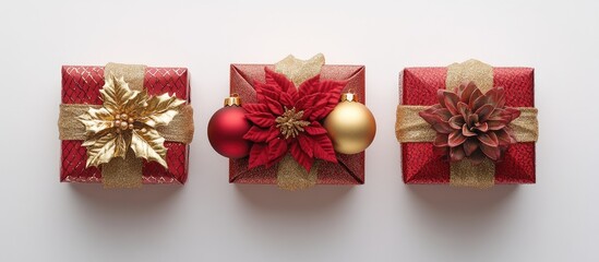 Aufkleber - Christmas gift boxes in red and gold decorated with ornaments and flowers isolated on white background aerial view square layout