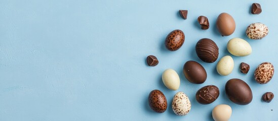 Aufkleber - Delicious chocolate eggs assortment on blue surface perfect for festive celebrations with ample space for personalized text or messages