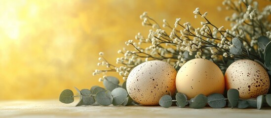 Aufkleber - Elegant easter composition of speckled eggs with willow and eucalyptus on vibrant yellow textured background for spring celebrations