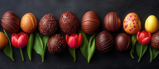Leinwandbilder - Chocolate Easter eggs arranged with vibrant tulip flowers on a dark surface ideal for spring celebrations and festive occasions.