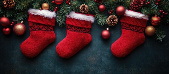 Aufkleber - Festive red Christmas stockings adorned with white fur and surrounded by ornaments and pine branches on a rustic dark surface.