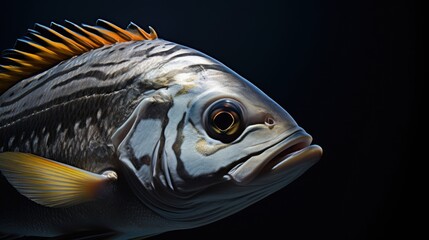 Aufkleber - Detailed close-up view of a vibrant fish showcasing intricate patterns and textures against a dark background for dramatic effect.