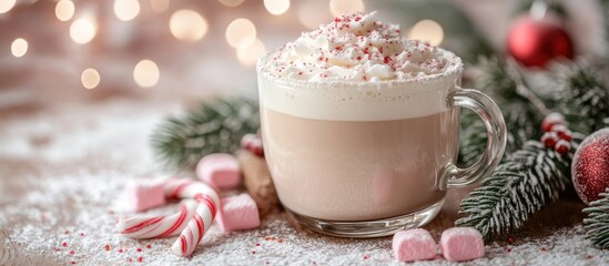 Aufkleber - Festive cappuccino topped with marshmallows and surrounded by candy canes and fir branches on a rustic background with soft bokeh lights