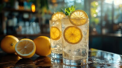 Aufkleber - Refreshing chilled lemonade in tall glasses garnished with lemon slices and mint on a rustic wooden table with fresh lemons nearby.