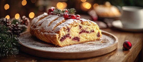 Poster - Festive Christstollen Cake Decorated for Christmas Celebrations with Seasonal Garnishes and Warm Background Lights