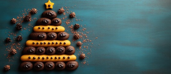 Poster - Chocolate biscuits creatively arranged as a festive Christmas tree on a vibrant teal background with decorative star and spices