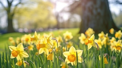 Poster - Blooming yellow daffodils in a sunlit garden with a blurred background showcasing vibrant spring colors and natural beauty