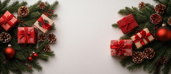 Poster - Christmas greeting card backdrop with decorated tree branches and gift boxes on a white background creating space for personalized text.