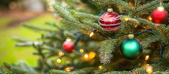 Poster - Christmas tree close up with colorful ornaments and beautiful bokeh background creating a festive holiday atmosphere.