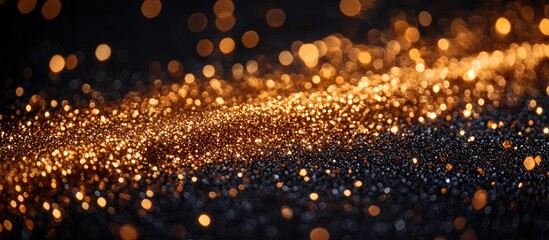Poster - Gold glitter sparkling on a dark background creating a festive ambiance with empty space for your custom text or message