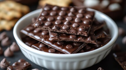 Aufkleber - Chocolate crackers arranged in a white bowl with assorted chocolate treats on a dark surface for a delicious dessert display