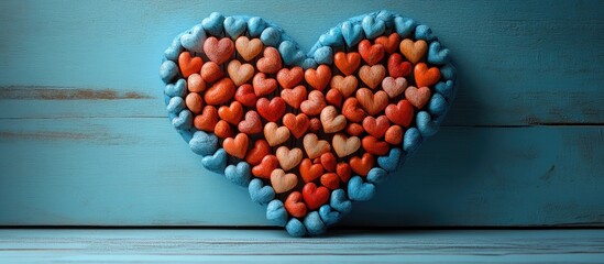 Poster - Vibrant wooden heart-shaped frame filled with colorful hearts on a blue background with ample copy space for design or promotional use