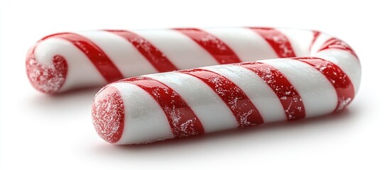 Poster - Festive Christmas candy canes in vibrant red and white lying on a clean white background for holiday-themed designs and decorations.