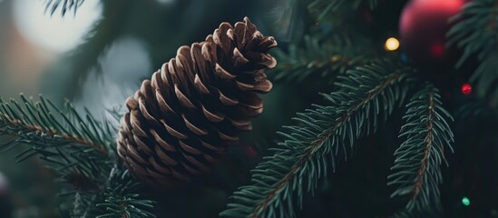 Aufkleber - Close-up of a decorated Christmas tree with pine cones and colorful ornaments showcasing festive holiday charm