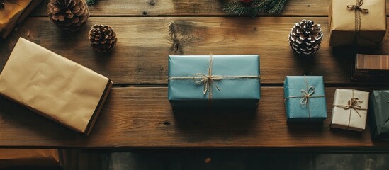 Aufkleber - Christmas gift boxes and holiday decorations arranged on rustic wooden table with pine cones and greenery in overhead view.