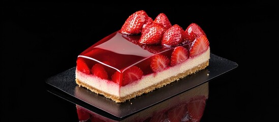 Aufkleber - Strawberry glazed cheesecake topped with fresh strawberries on a black reflective surface