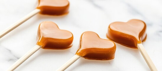 Poster - Heart-shaped caramel lollipops arranged on a soft light background for a sweet romantic treat display