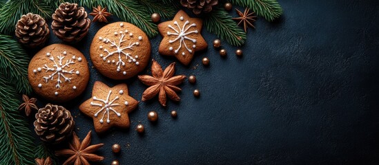 Poster - Gingerbread cookies with festive decorations on a dark background surrounded by pinecones and spruce branches for holiday celebrations