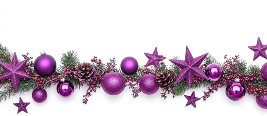 Aufkleber - Christmas garland arrangement with purple stars and festive ornaments on a white background creating a vibrant holiday decoration concept