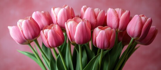 Poster - Bouquet of delicate pink tulips on soft pink background ideal for celebration invitations or greeting cards with empty space for text