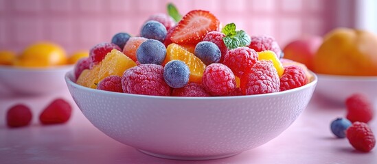 Aufkleber - Vibrant bowl of fresh fruit salad featuring strawberries blueberries and raspberries on a soft pink background ideal for healthy eating concepts