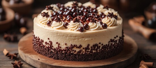 Aufkleber - Chocolate cake decorated with cream and chocolate toppings on a wooden board with a warm backdrop and festive elements.