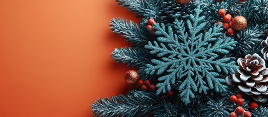 Poster - Christmas decoration featuring a green snowflake on a vibrant orange paper background enhancing festive holiday aesthetics