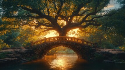 Poster - Serene landscape with a majestic tree and stone bridge under a vibrant sunset sky reflecting on calm waters
