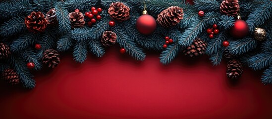 Poster - Festive Christmas arrangement of fir tree branches, cones, and ornaments against a vibrant red backdrop for holiday decorations