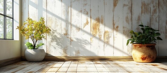 Poster - Sunlit interior corner with wooden floor, empty rustic backdrop, and potted plants enhancing natural light and serene atmosphere.