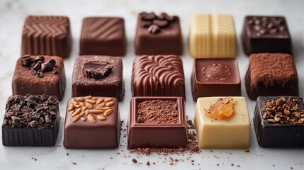 Poster - Assorted gourmet chocolates arranged on a white background showcasing rich textures and flavors in an elegant presentation
