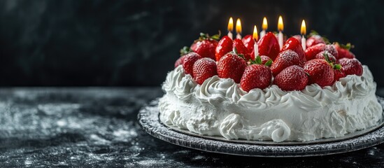 Aufkleber - Elegant white birthday cake topped with fresh strawberries and lit candles on a dark background for festive celebrations and special occasions