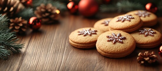 Poster - Christmas cookies decorated with icing on a rustic wooden table surrounded by festive holiday decorations and pine cones