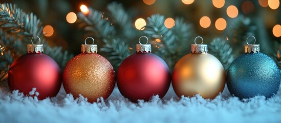Poster - Festive holiday ornaments in vibrant colors arranged with soft snow and blurred lights creating a cheerful Christmas atmosphere