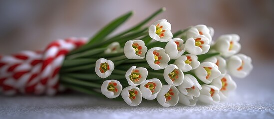 Aufkleber - Delicate snowdrop bouquet with red and white rope on a soft background ample copy space showcasing floral beauty and tranquility