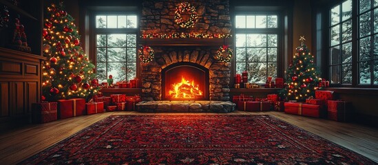 Poster - Cozy Christmas living room with a decorated fireplace, festive trees, and presents creating a warm holiday atmosphere