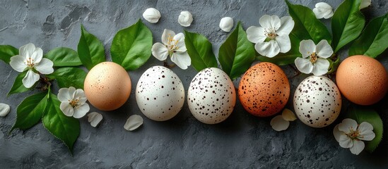 Aufkleber - Eco friendly card mockup with decorated eggs cherry blossoms and fresh green leaves on textured surface for seasonal greetings or celebrations