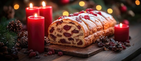 Poster - Christmas stollen surrounded by festive red candles and dried fruits on a rustic wooden table amidst holiday decorations and warm lights