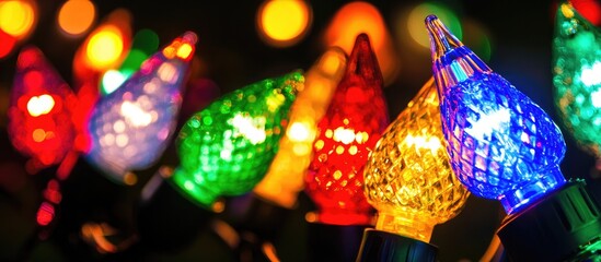 Poster - Colorful close-up of vintage holiday LED lights glowing in the dark, creating a festive ambiance with vibrant hues and intricate designs.