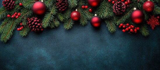 Aufkleber - Christmas greeting card with fir tree branches pine cones and red ornaments on dark textured background for personalized holiday messages