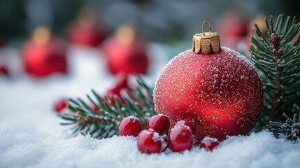 Poster - Christmas ornament nestled in snow alongside pine branches and red berries creating a festive winter scene on a white background
