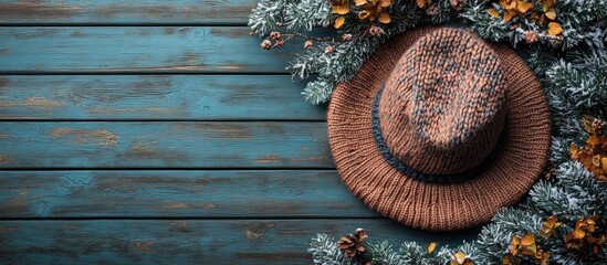 Poster - Cozy winter holiday greeting card mockup with a hat and festive foliage on a wooden surface for seasonal promotional designs