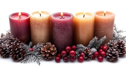 Poster - Festive Christmas candles arranged with pinecones and berries on a clean white background creating a warm holiday atmosphere