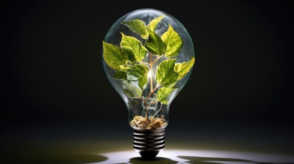 Poster - Light bulb with green leaves symbolizing eco-friendly ideas and sustainable growth concept isolated on dark background.